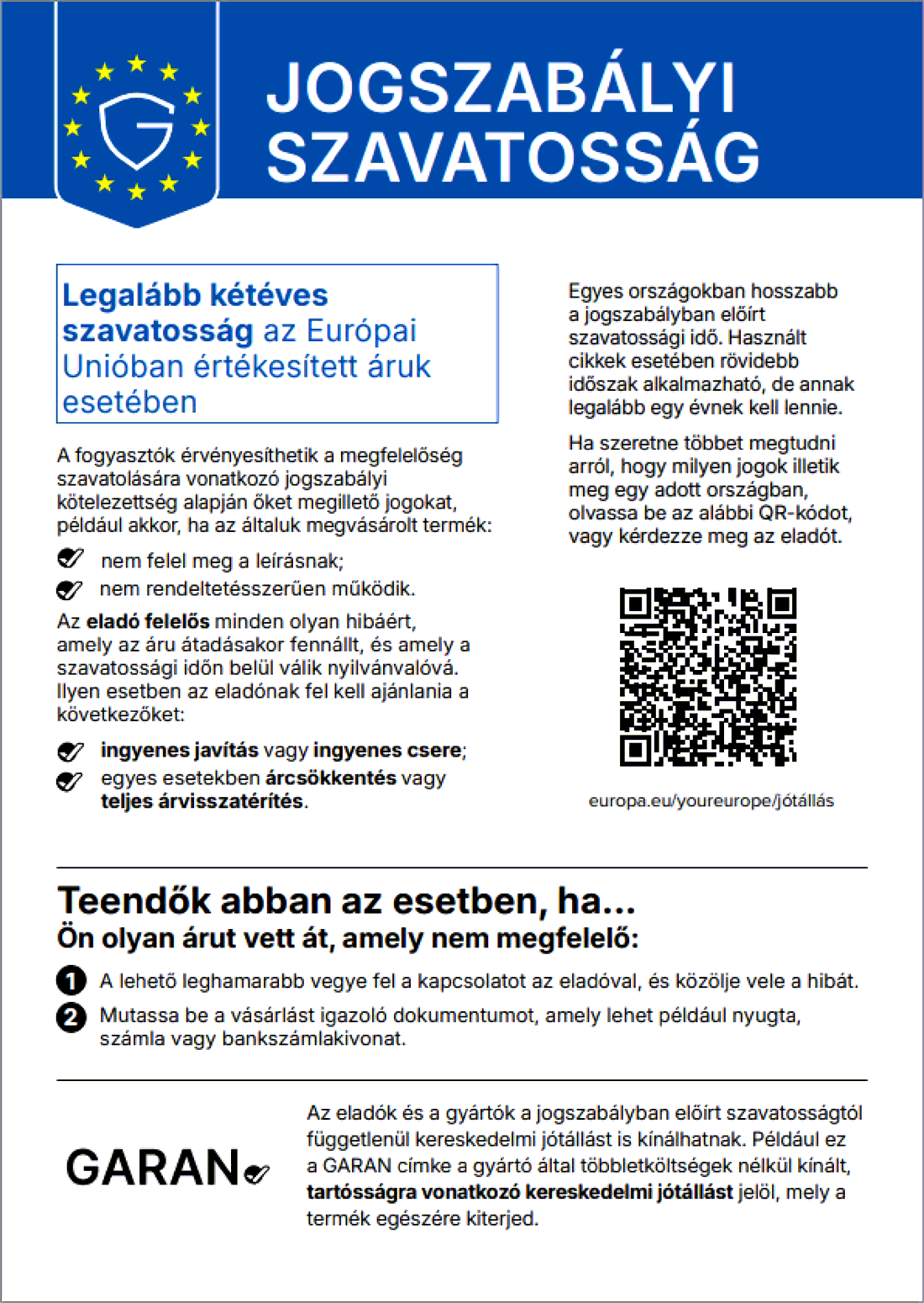 Jogszabályi kellékszavatosság — legalább két év (EU)